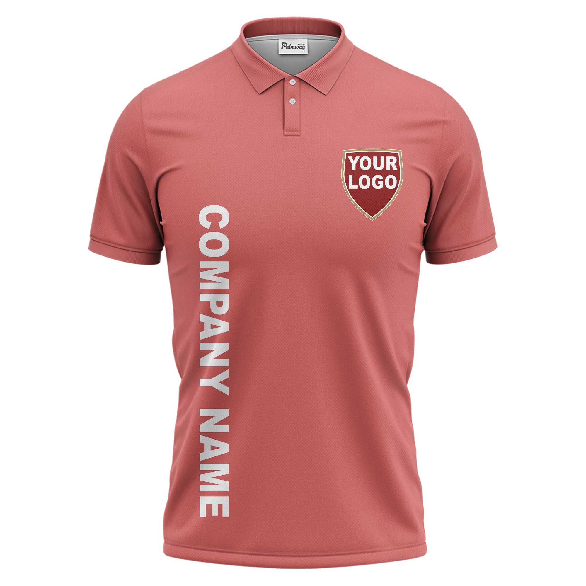 custom shield logo vertical text corporate branded polo shirt