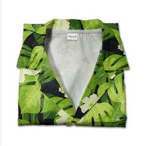 Dark Charcoal Grey Monstera Hawaiian Shirt with White Flowers and Lime Green