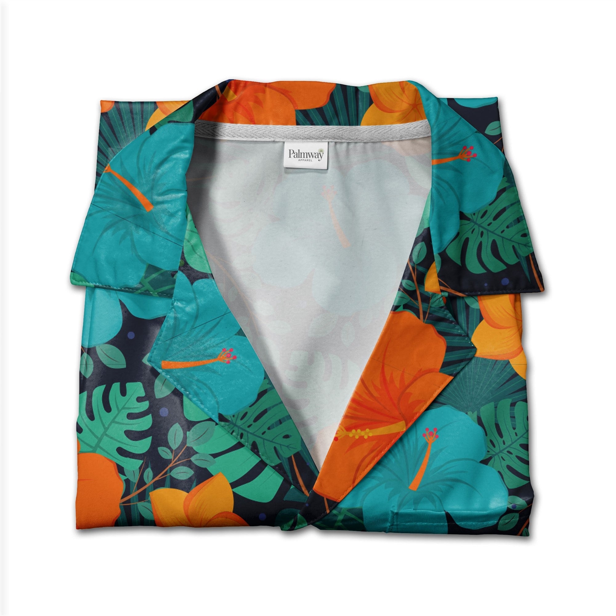 Deep Midnight Blue Vibrant Hibiscus Hawaiian Shirt with Plumeria and Fan Palm
