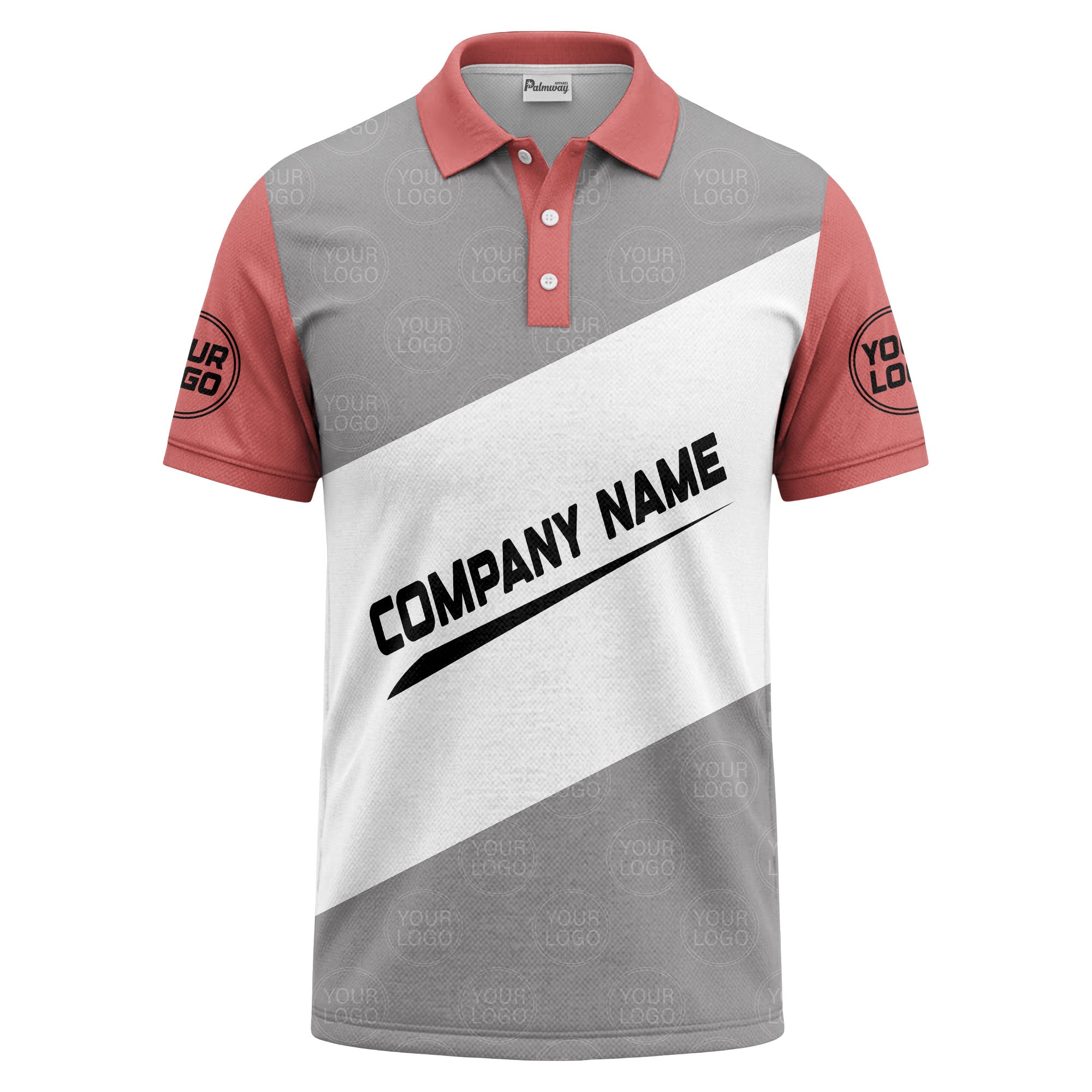 diagonal stripe monogram logo gray white black corporate polo shirt