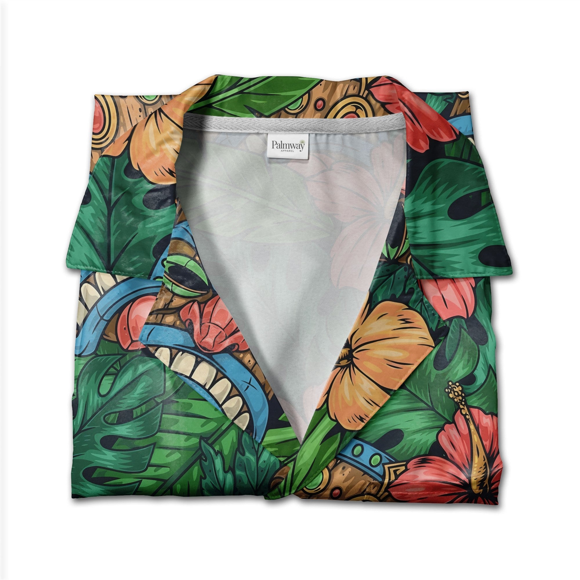 Festive Tiki Mask Hawaiian Shirt with Monstera on Navy Blue