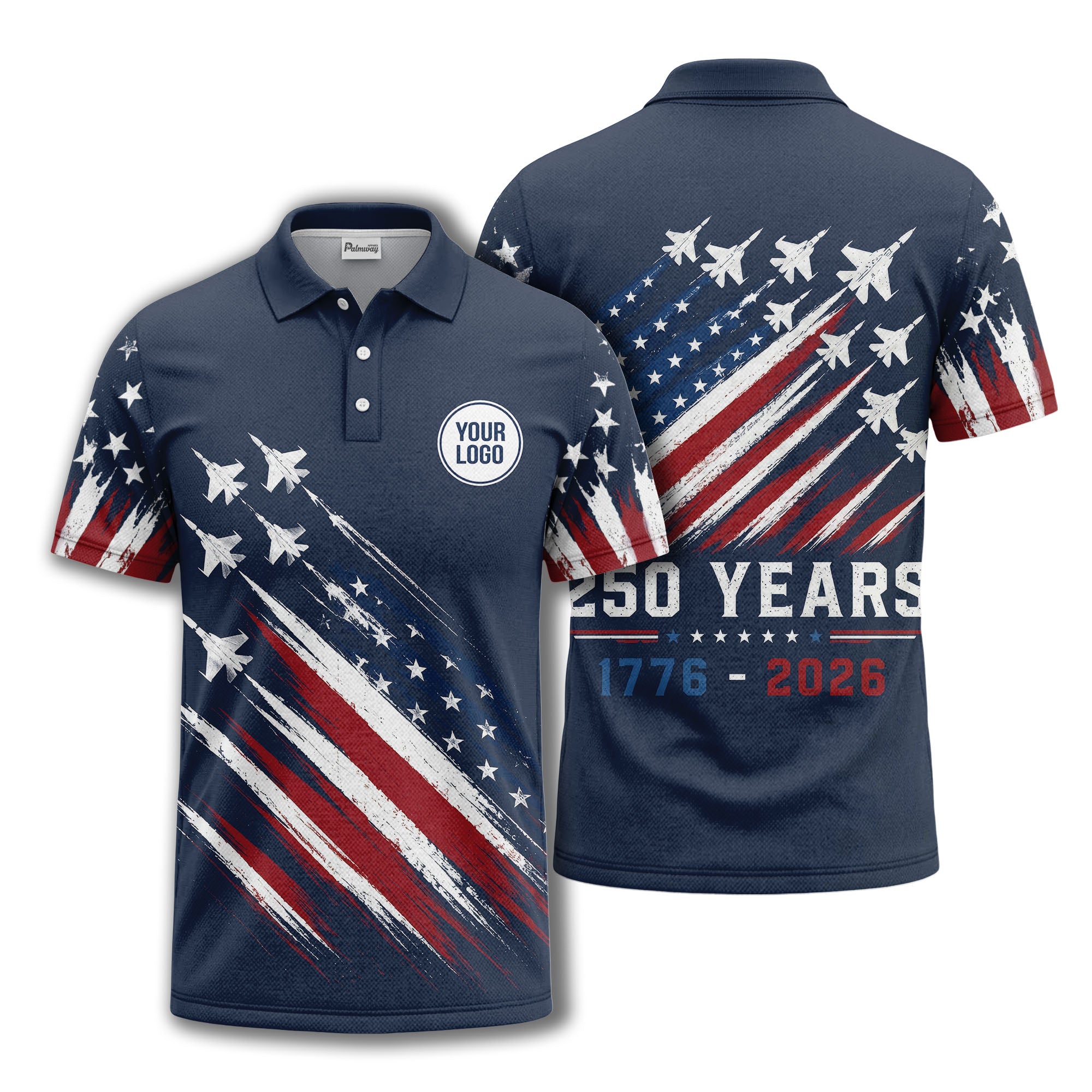 fighter jets & stars diagonal american flag patriotic navy blue polo shirt