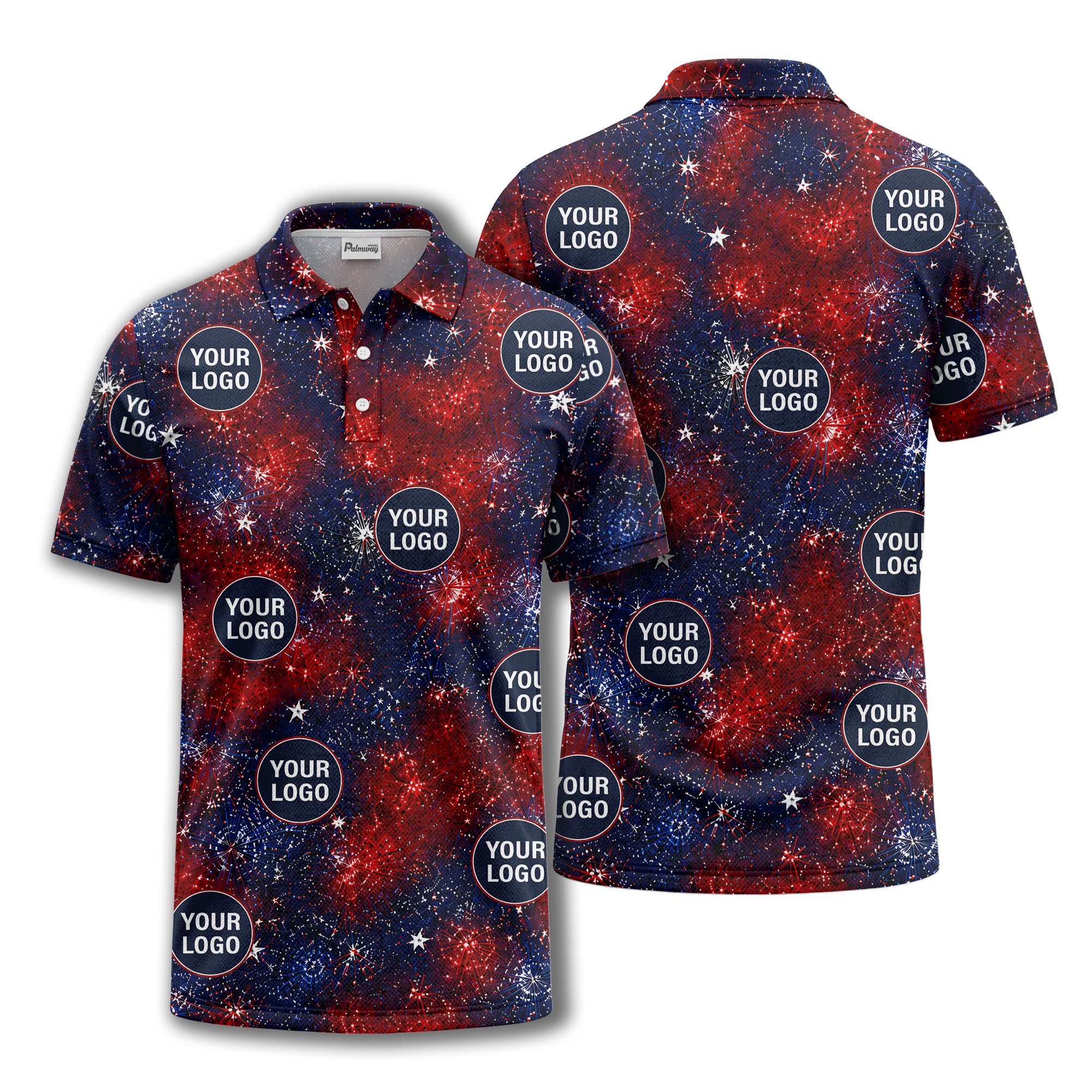 fireworks burst patriotic custom logo navy coral white polo shirt