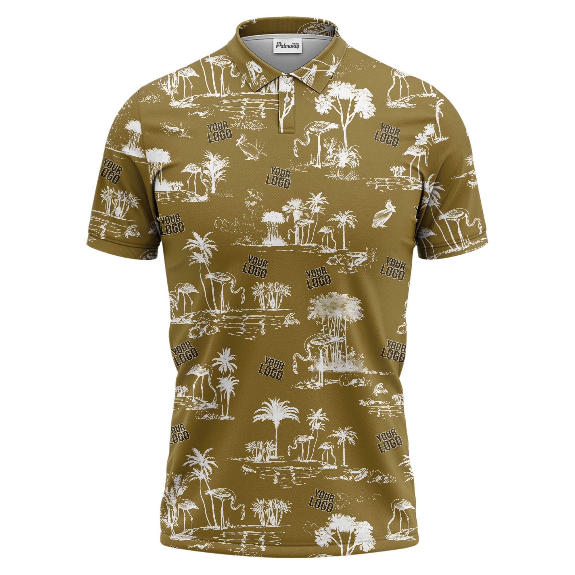 flamingo oasis palm trees sketch pattern black white polo shirt for men