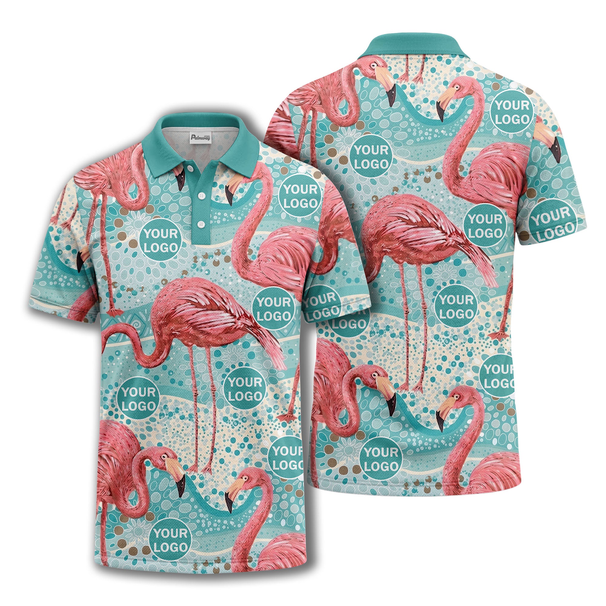 flamingos & teal wave watercolor paradise polo shirt for men
