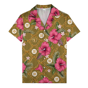 gold chain & pink hibiscus watercolor hawaiian shirt for men