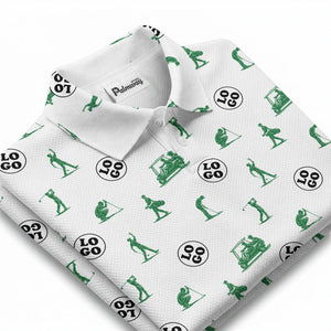 illustrated golfers golf carts repeating on green polo shirt for weekend fairway fun