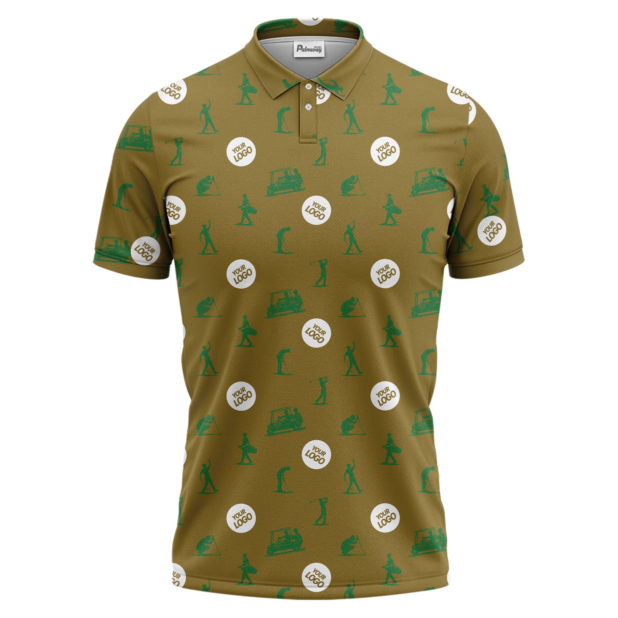 illustrated golfers golf carts repeating on green polo shirt for weekend fairway fun