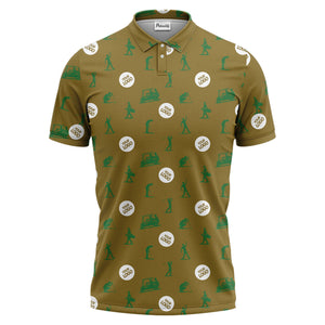 illustrated golfers golf carts repeating on green polo shirt for weekend fairway fun
