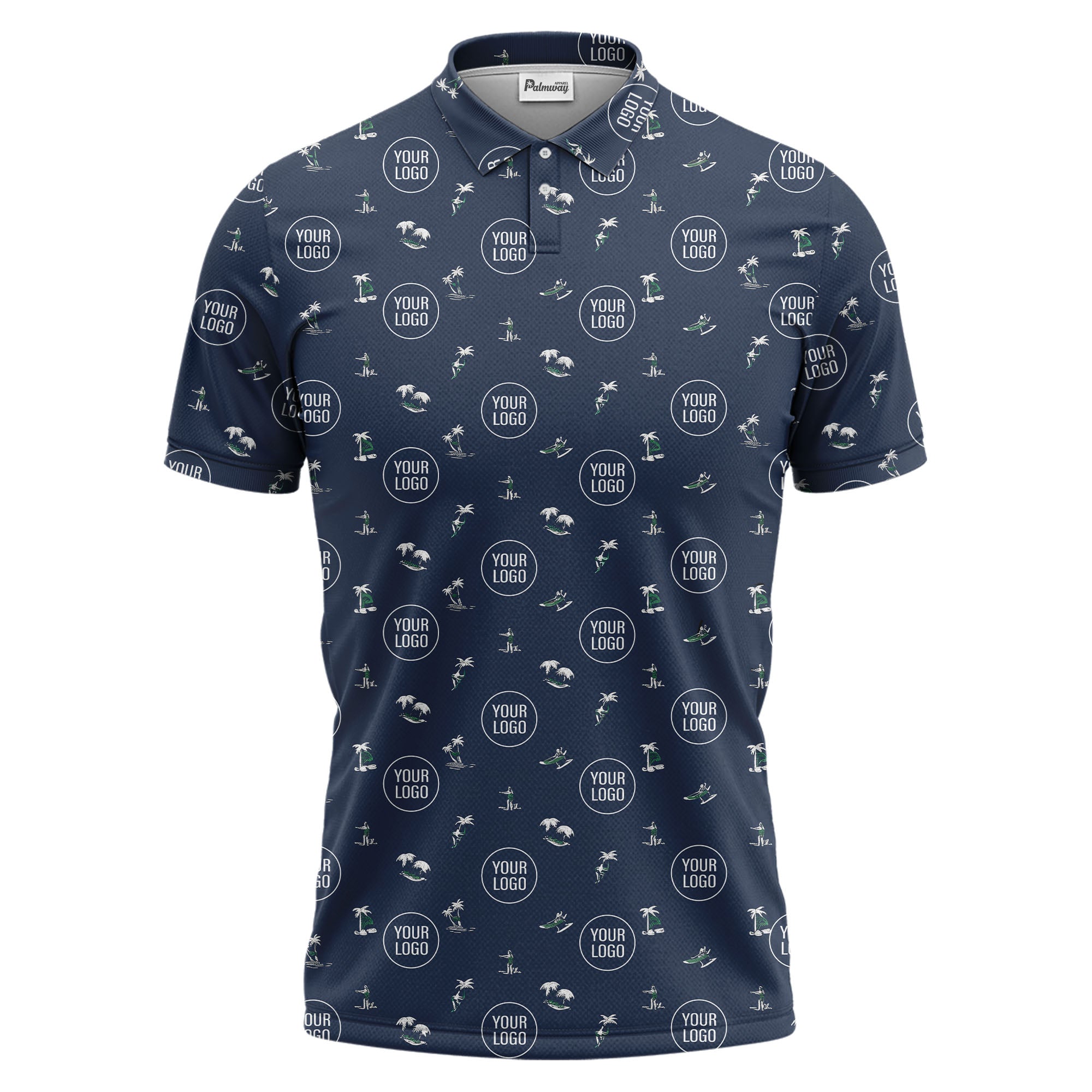 illustrated purple tropical island palm trees surfboards polo shirt for men