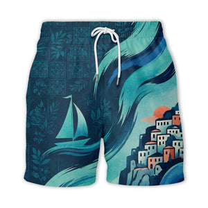 illustrated sailboat sunset & coastal village waves hawaiian shirt