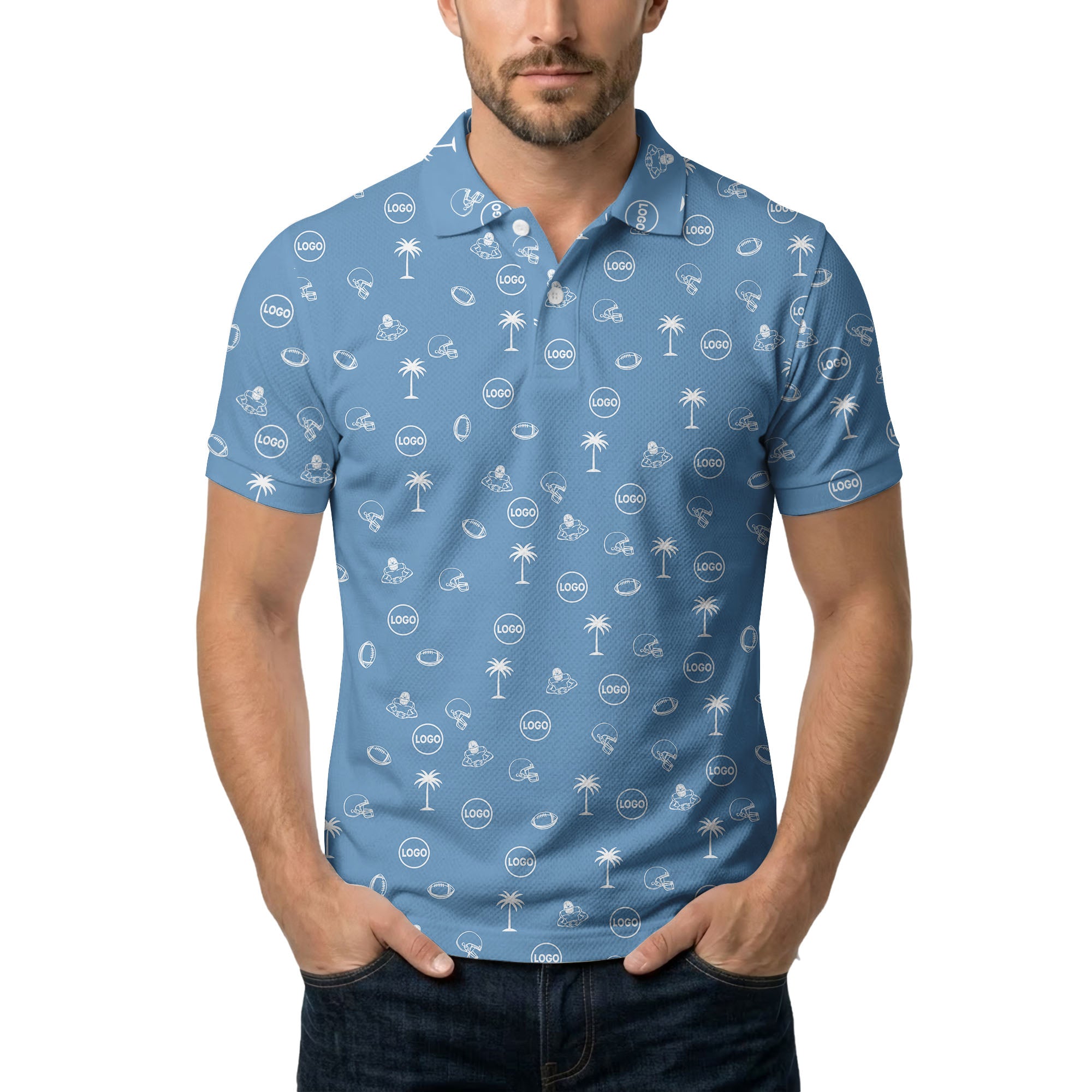 Illustrated Tropical Football Palm Tree Repeat Polo Shirt For Game Day
