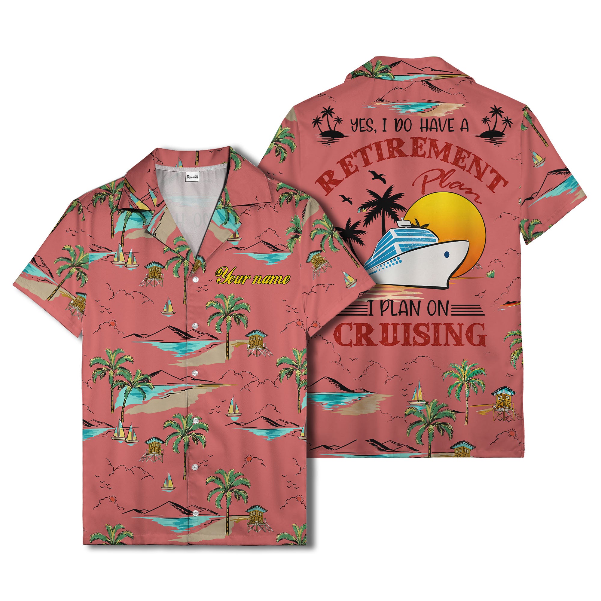 island paradise palm trees & sailboats sunset hawaiian shirt