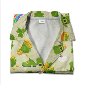 Lucky Leprechaun Hawaiian Shirt with Shamrocks Rainbows and Pots of Gold