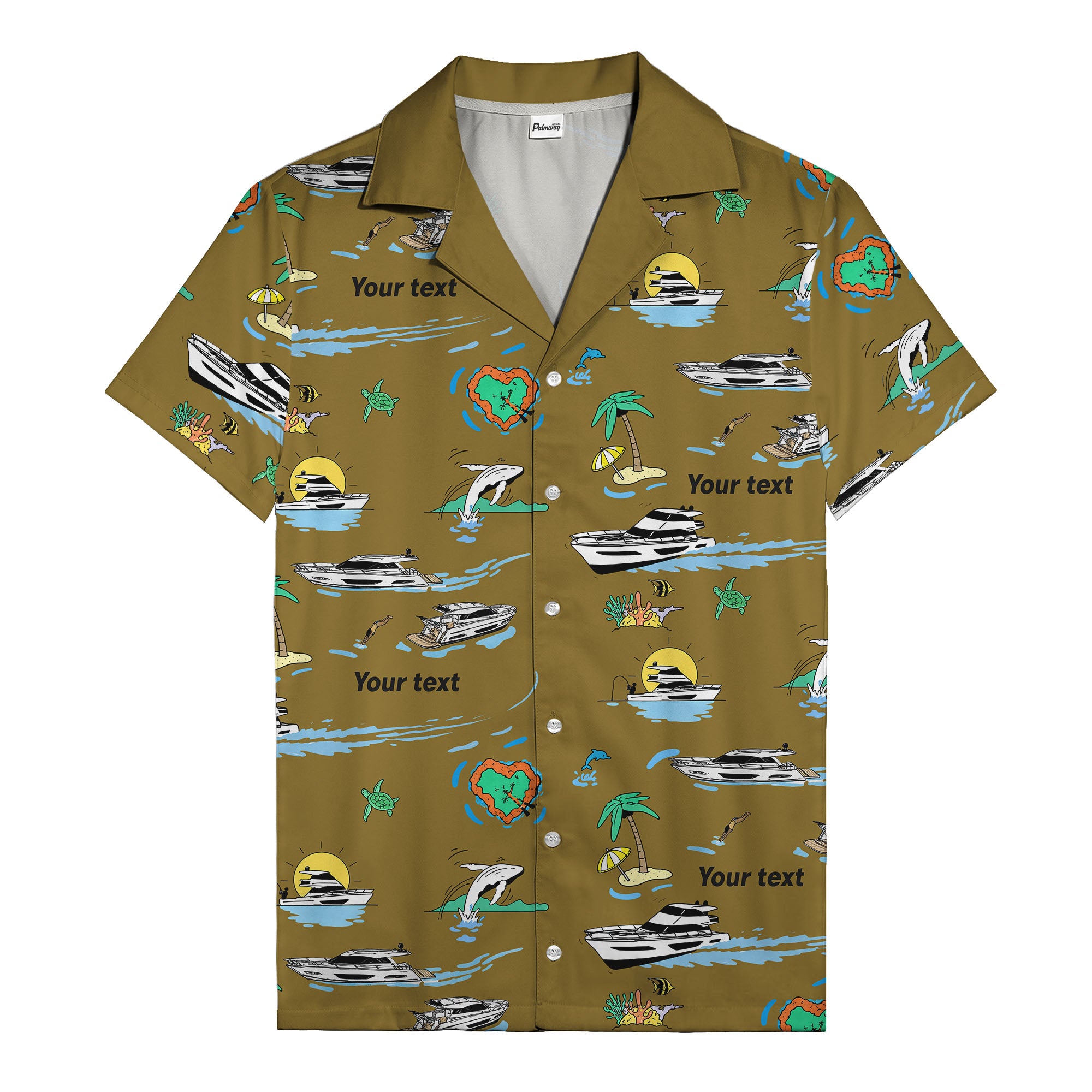 luxury yacht & heart-shaped island cartoon hawaiian shirt