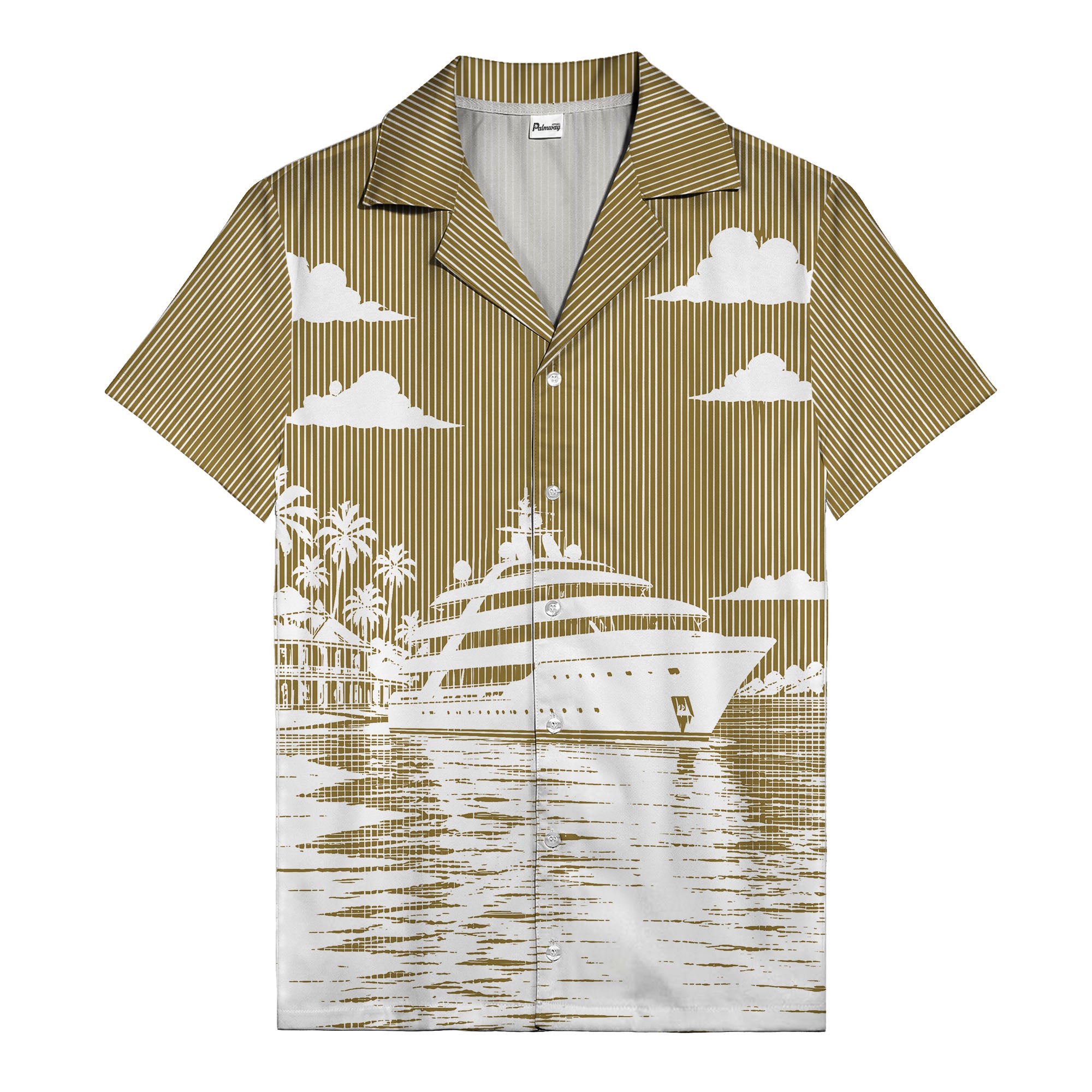 luxury yacht & palm trees tropical beach scene hawaiian shirt