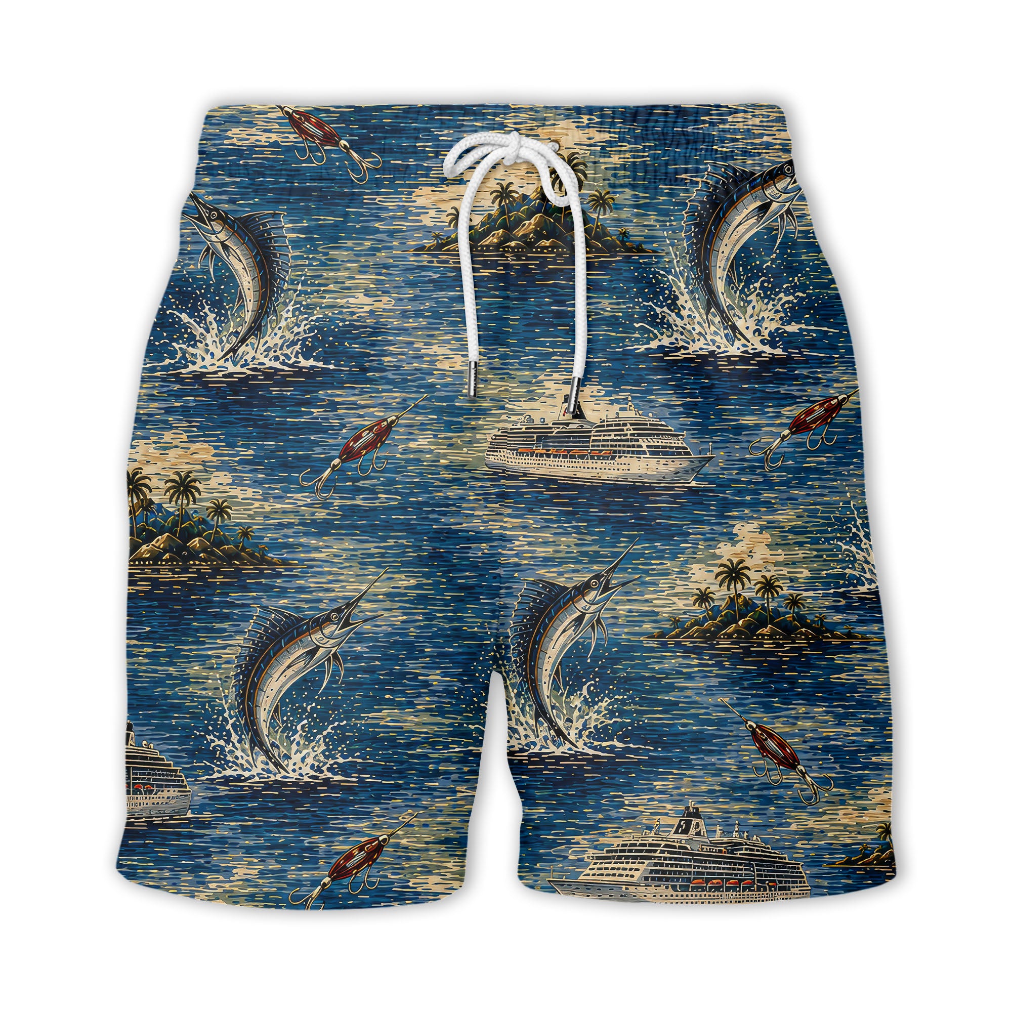 marlin fish & cruise ship ocean scene hawaiian shirt for men