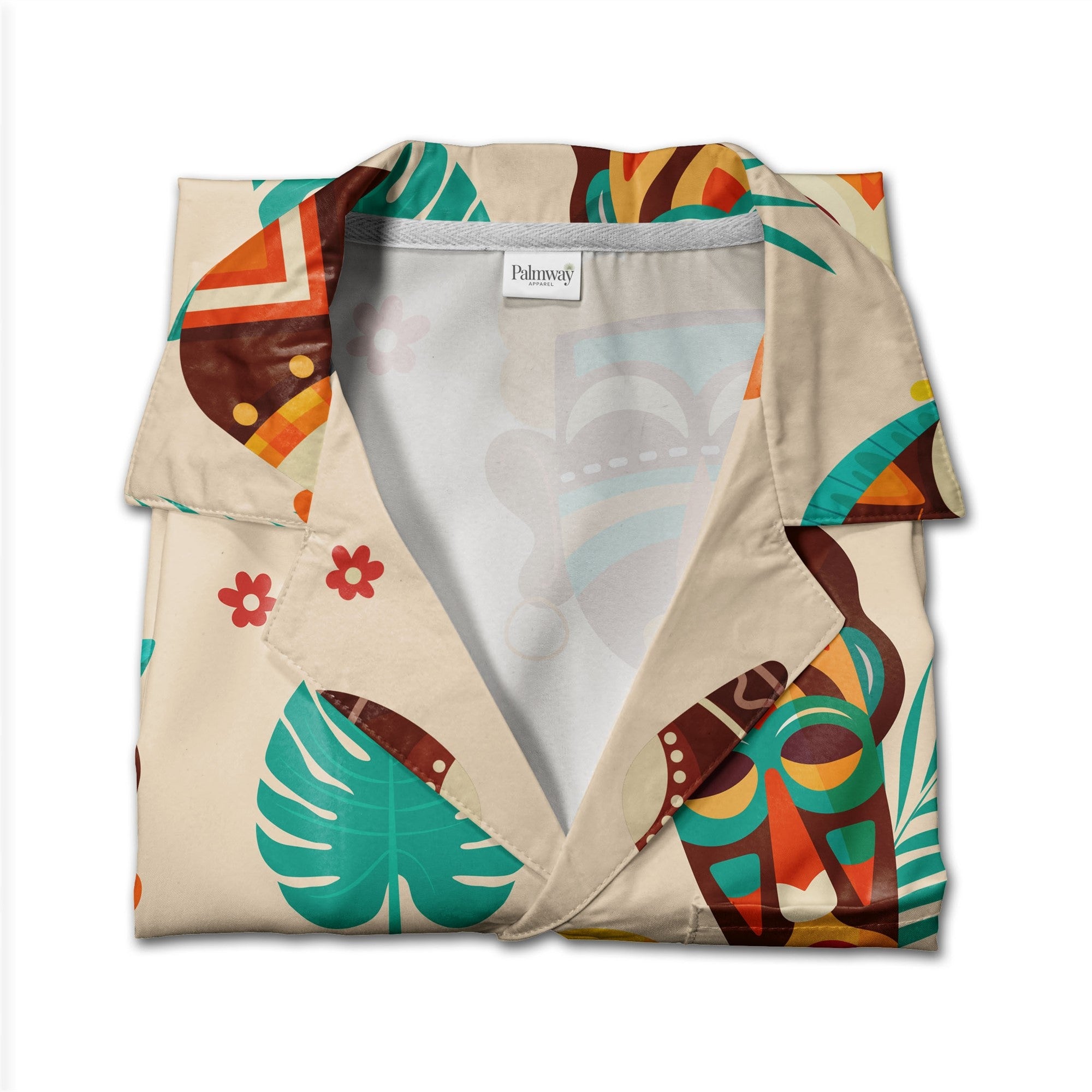 Modern Tiki Hawaiian Shirt with Monstera and Boomerangs on Beige