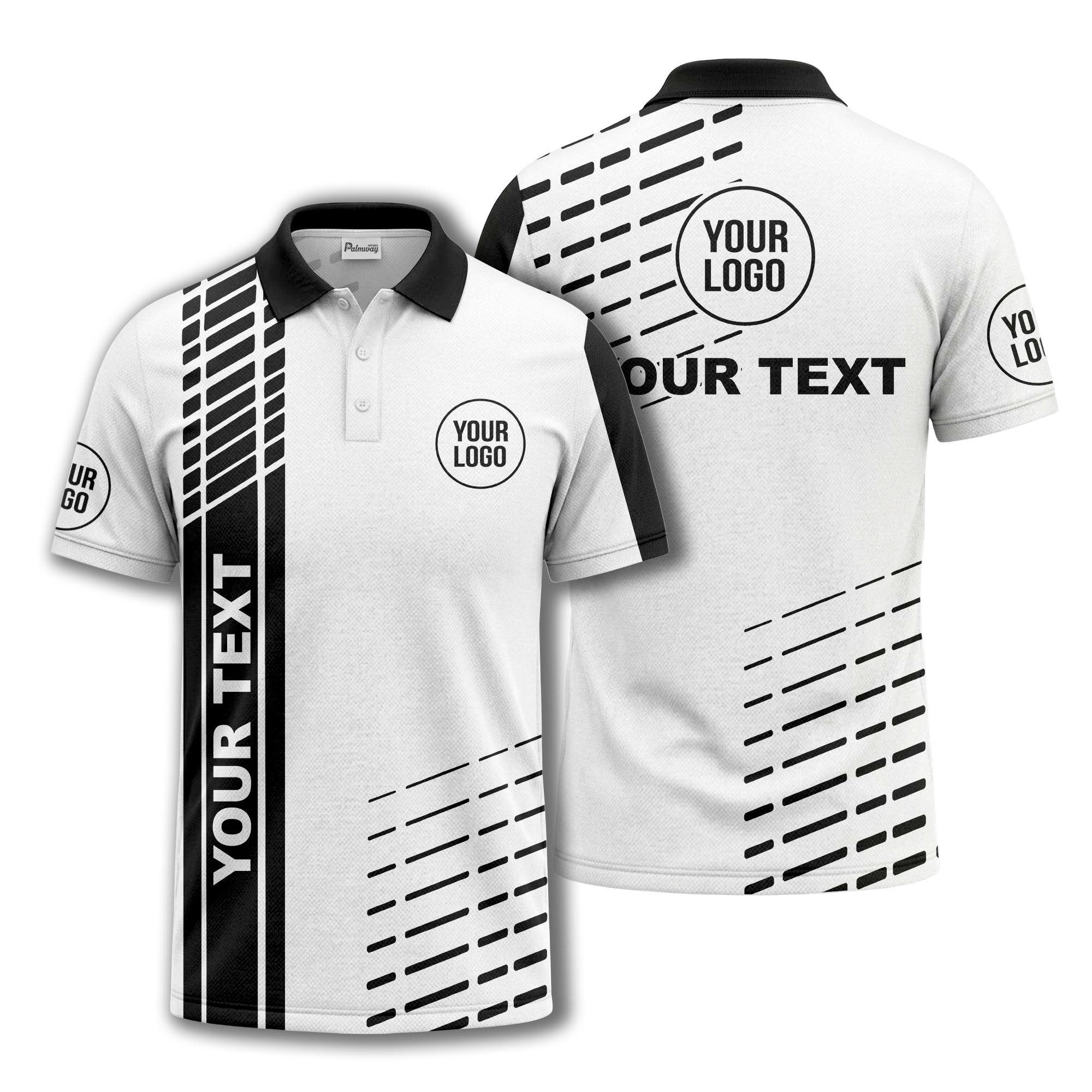 modern vertical stripe & dashed line graphic custom text logo polo shirt