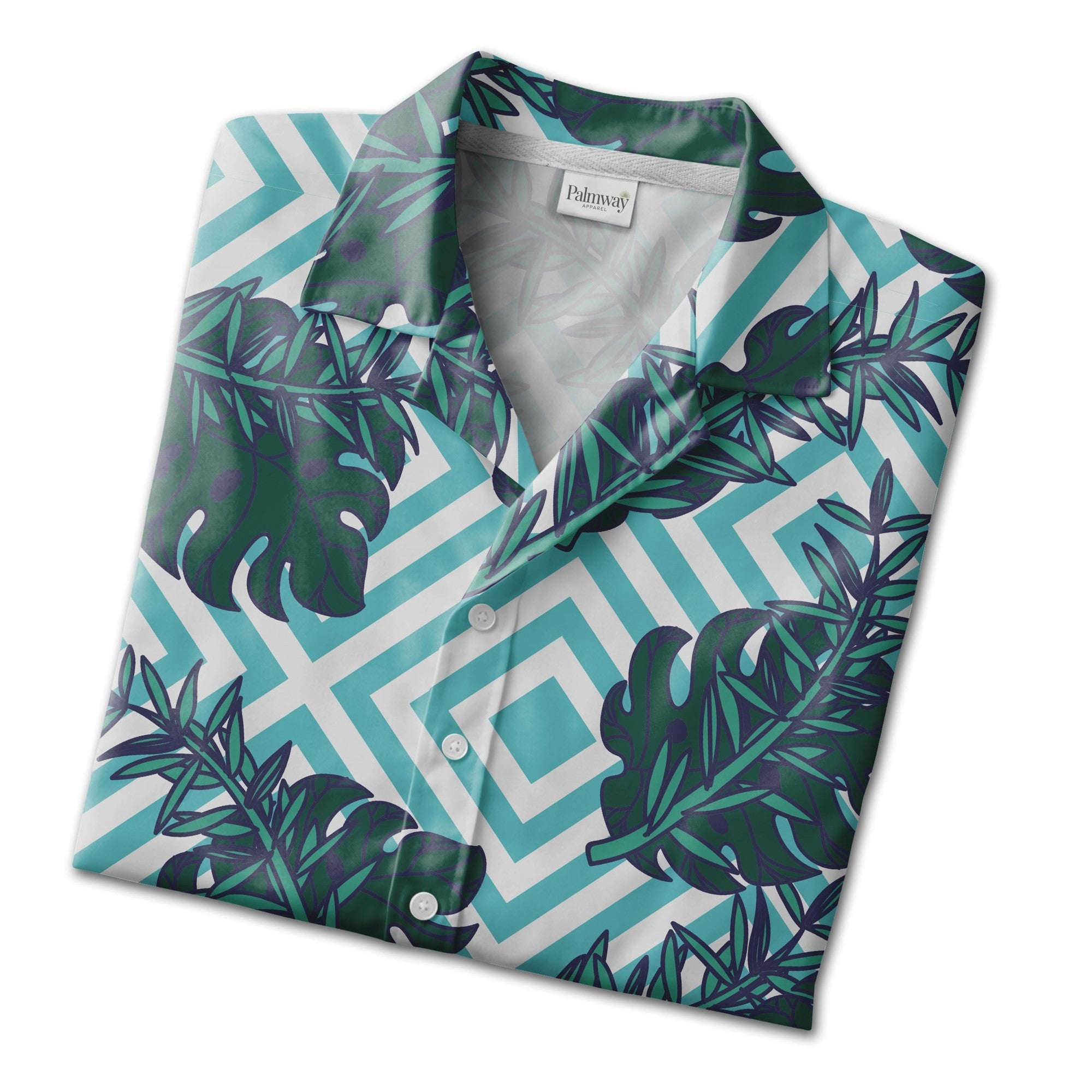 Monstera Leaf Hawaiian Shirt on Aqua White Diagonal Stripes