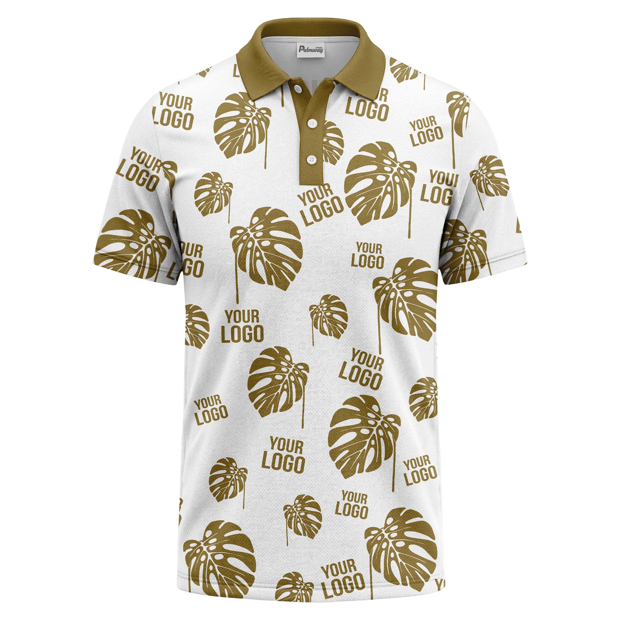 monstera leaves & custom logo repeat black white hawaiian polo shirt