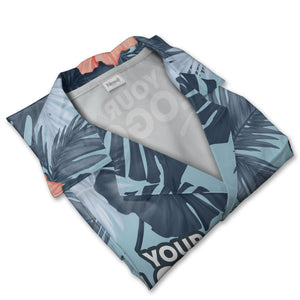 Navy Blue Corporate Hawaiian Shirt with Hibiscus and Custom Logo Space