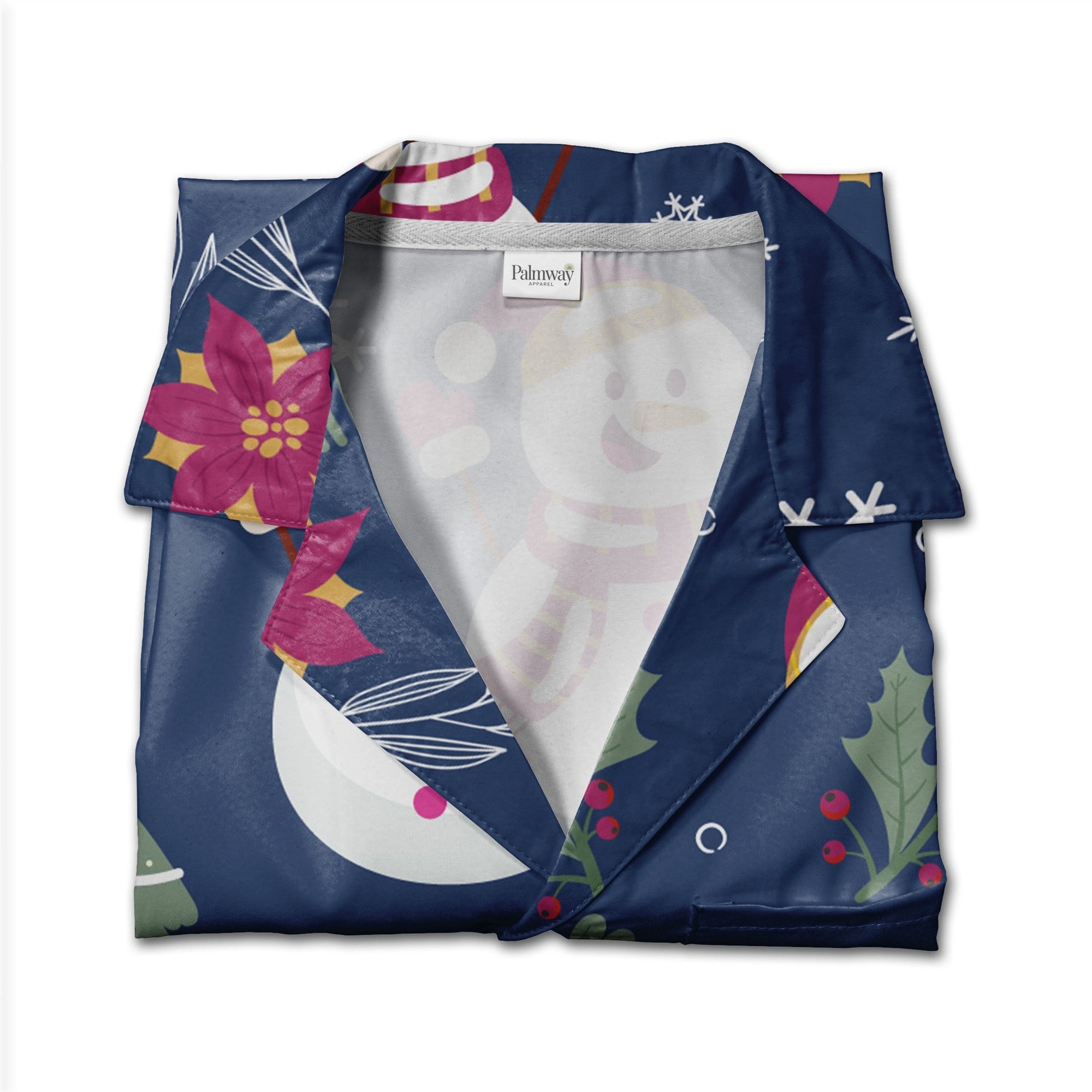 Navy Blue Snowman Holiday Hawaiian Shirt with Poinsettia Holly Pattern