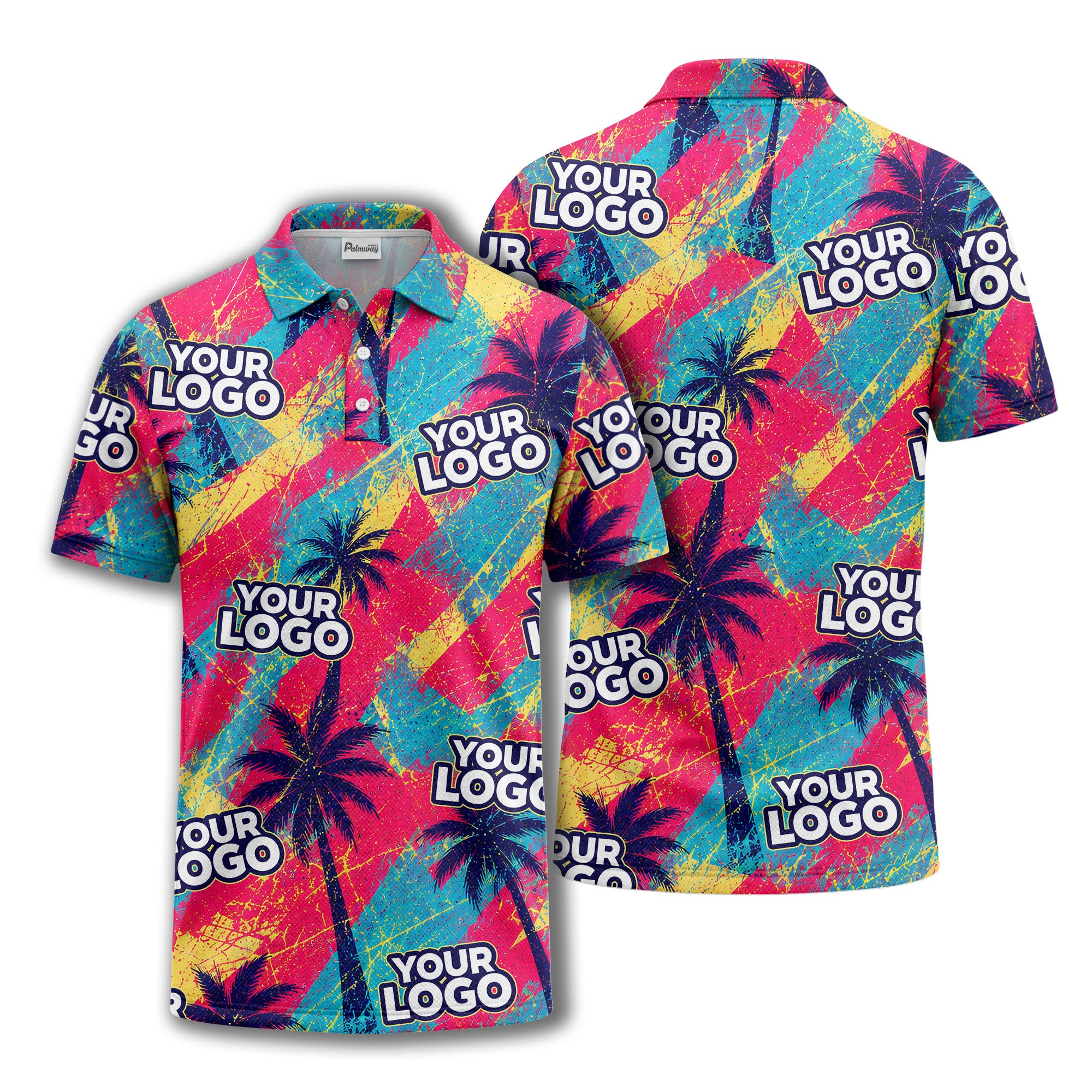 neon palm trees splatter paint diagonal stripe polo shirt for men