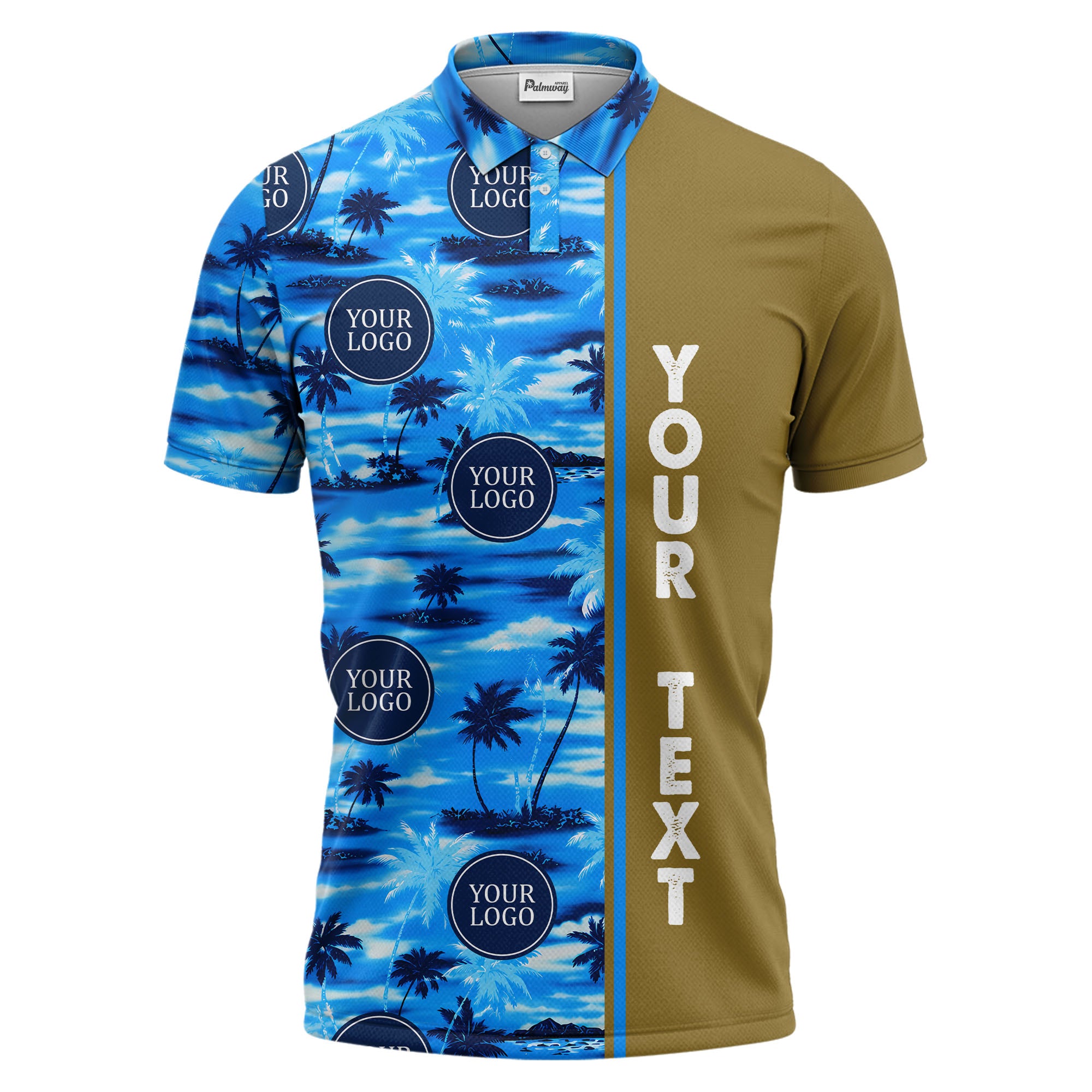 oceanic palm trees & circular logo repeat navy blue tropical beach polo shirt