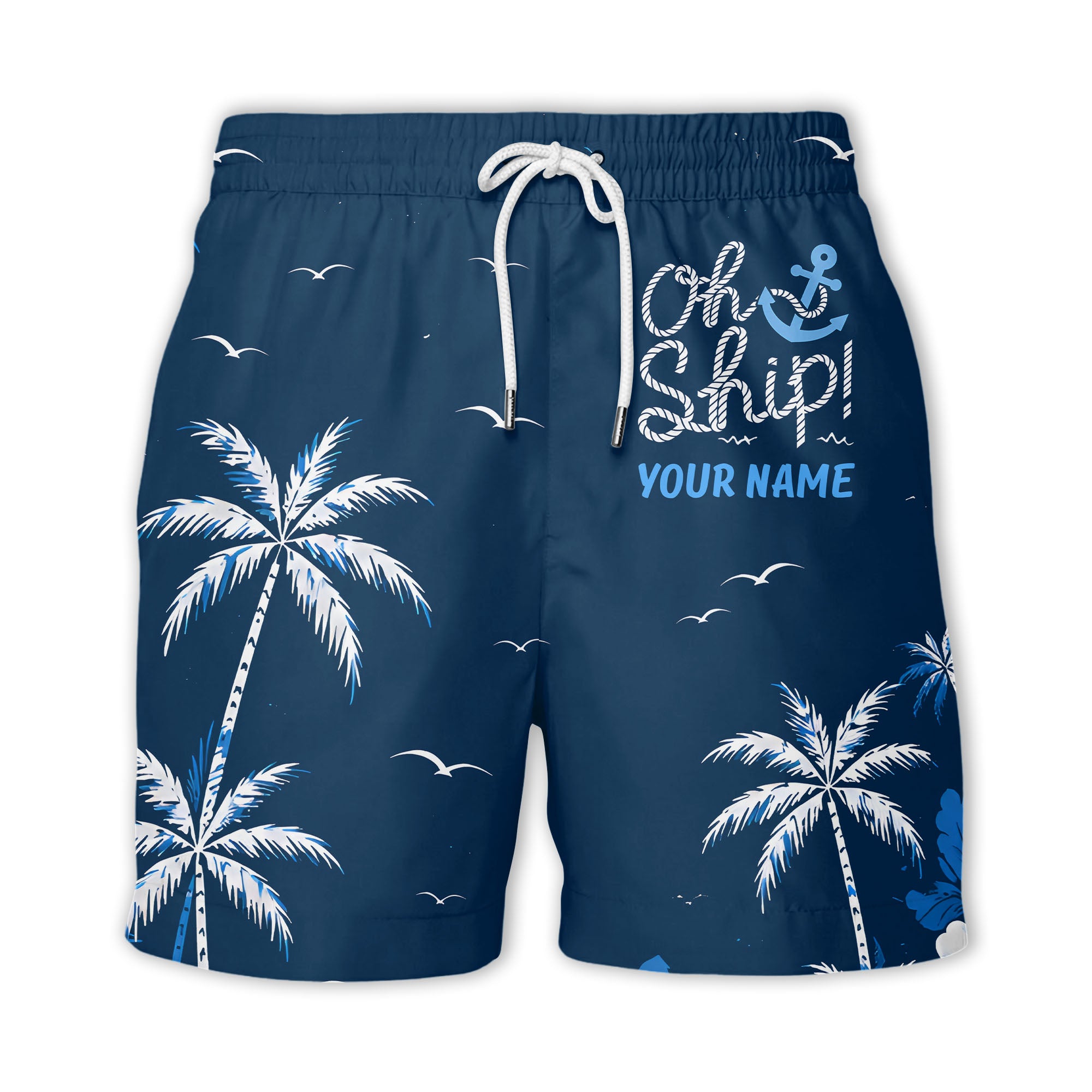 oh ship palm trees hibiscus navy blue watercolor hawaiian shirt for men