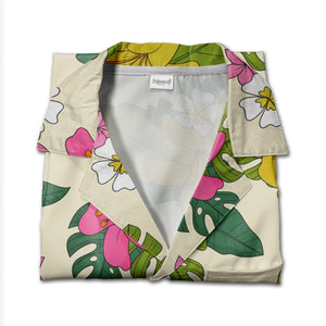 Pale Beige Hand-Drawn Monstera Hawaiian Shirt with Large Yellow Pink Flowers