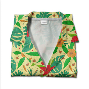Pale Yellow Monstera Bird of Paradise Hawaiian Shirt with Philodendron Pattern