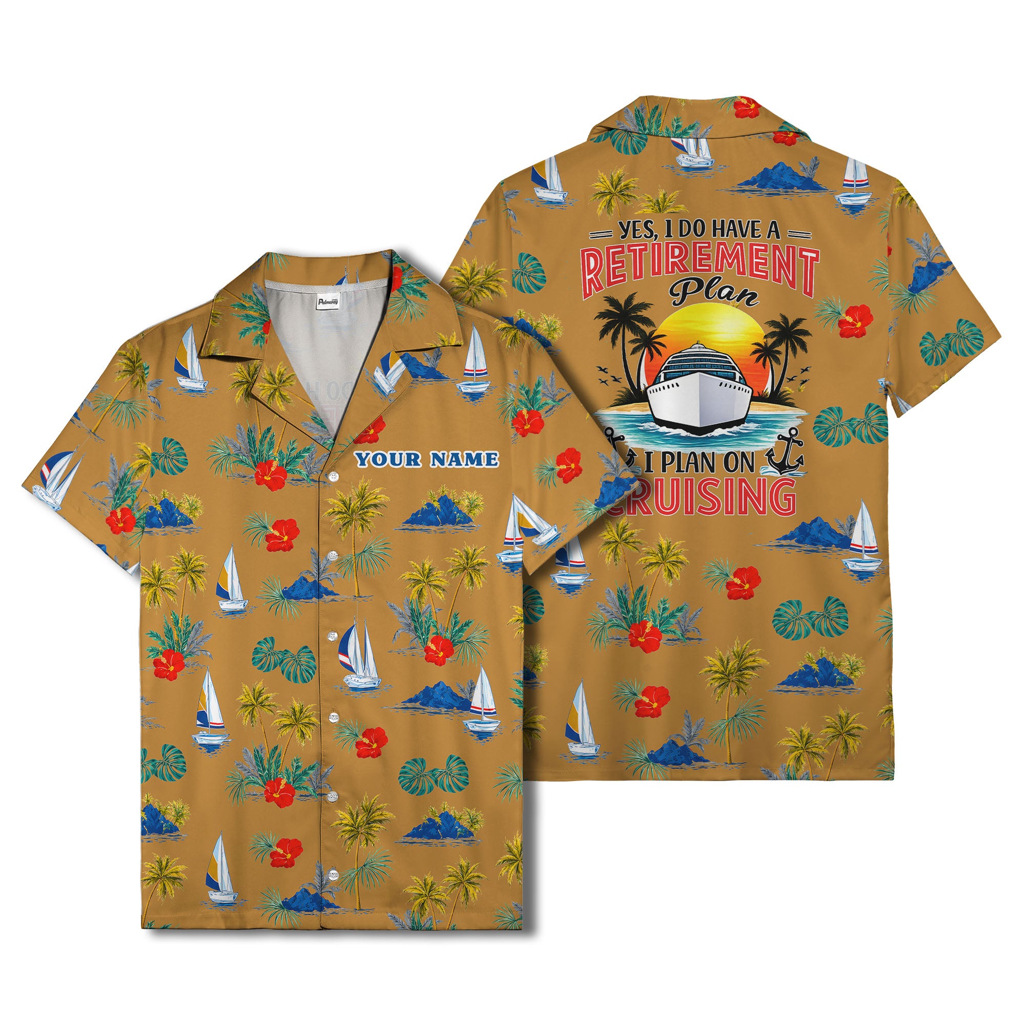 palm trees sailboats hibiscus island paradise hawaiian shirt