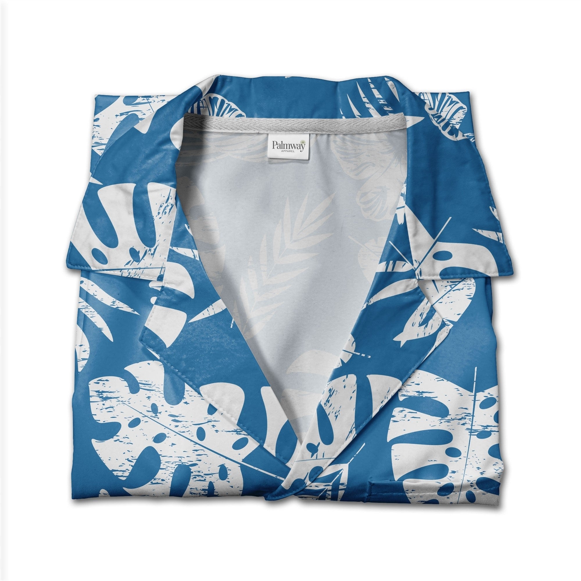 Royal Blue Vintage Distressed Hawaiian Shirt with Monstera and Hibiscus Fern