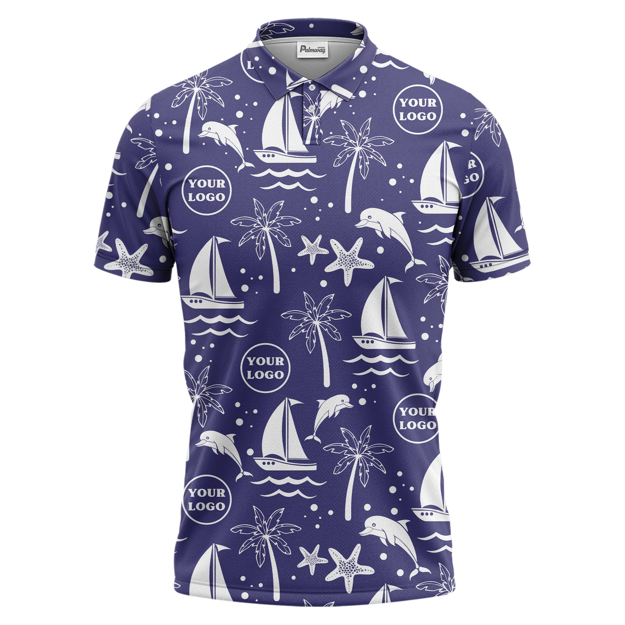 sailboats dolphins palm trees starfish repeat pattern black white polo shirt