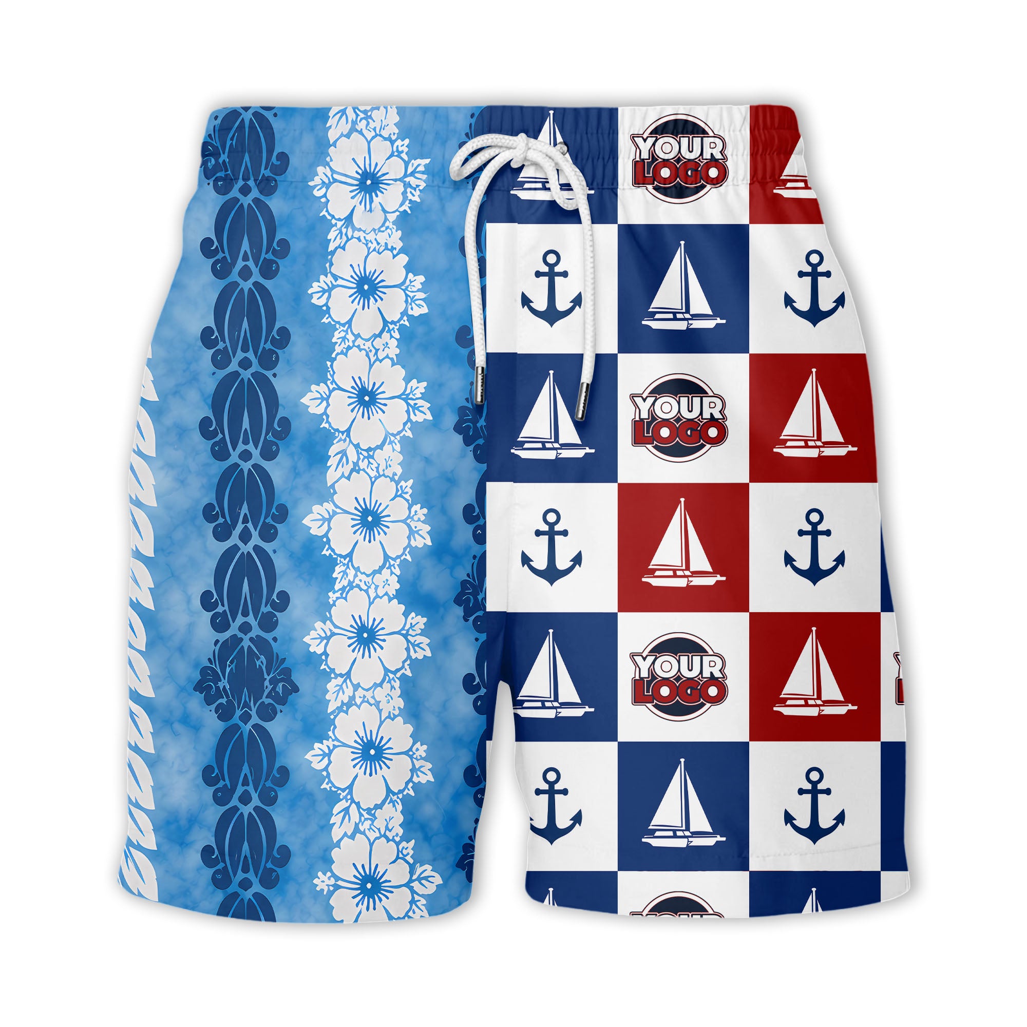 sailing boats & anchors checkered navy blue hawaiian shirt for men