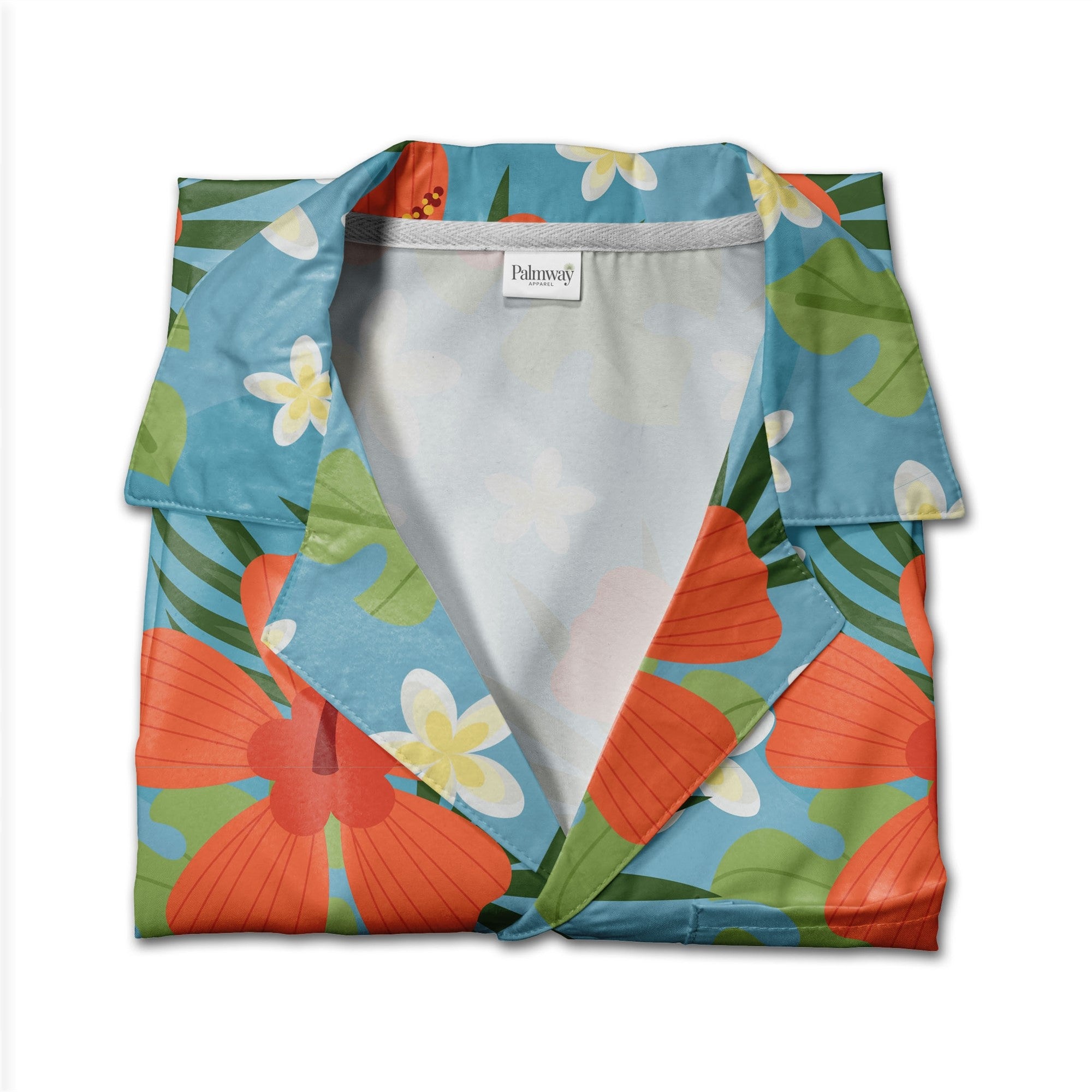 Sky Blue Coral Orange Hibiscus Hawaiian Shirt with Plumeria and Monstera