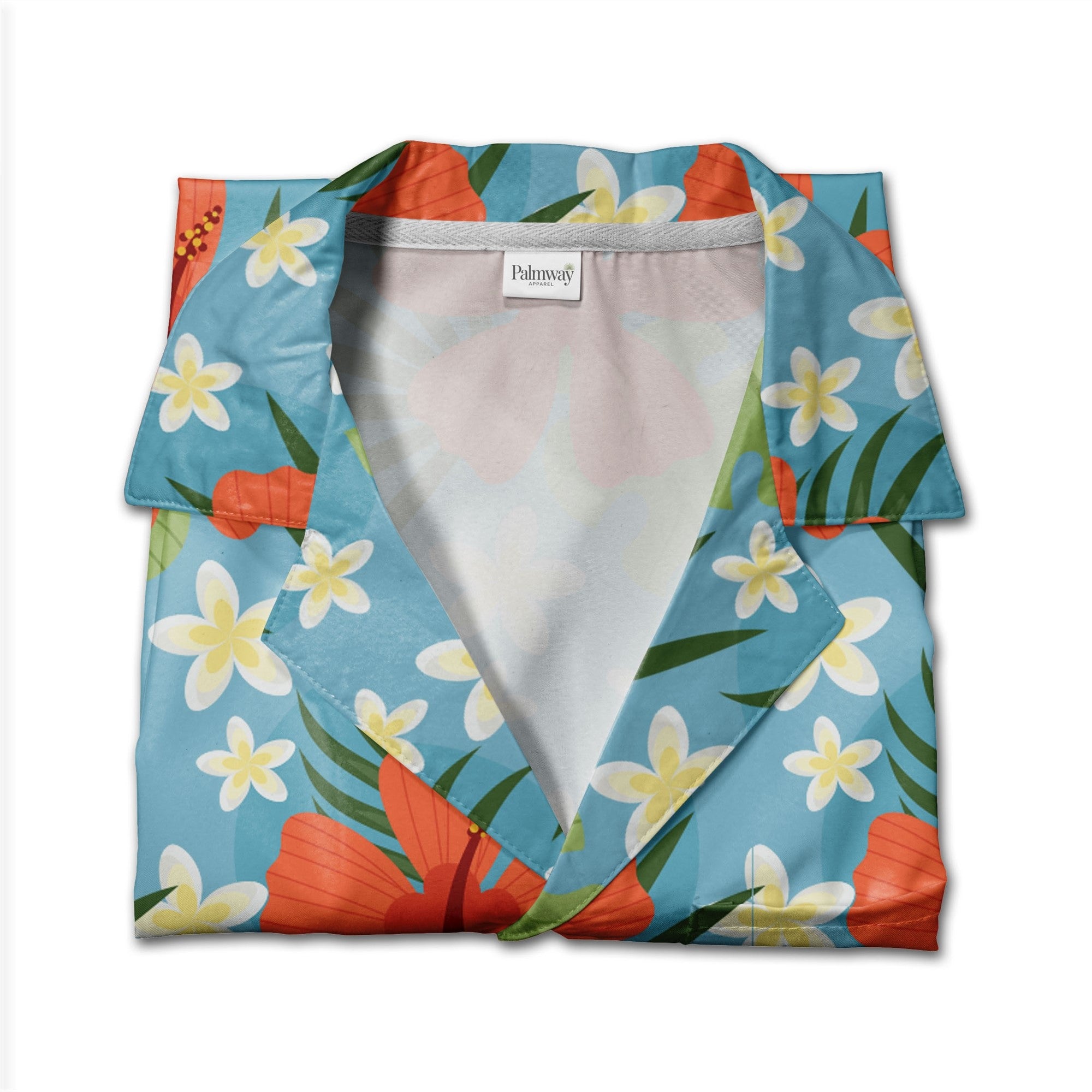 Sky Blue Curved Shape Hibiscus Hawaiian Shirt with Plumeria and Palm Fronds