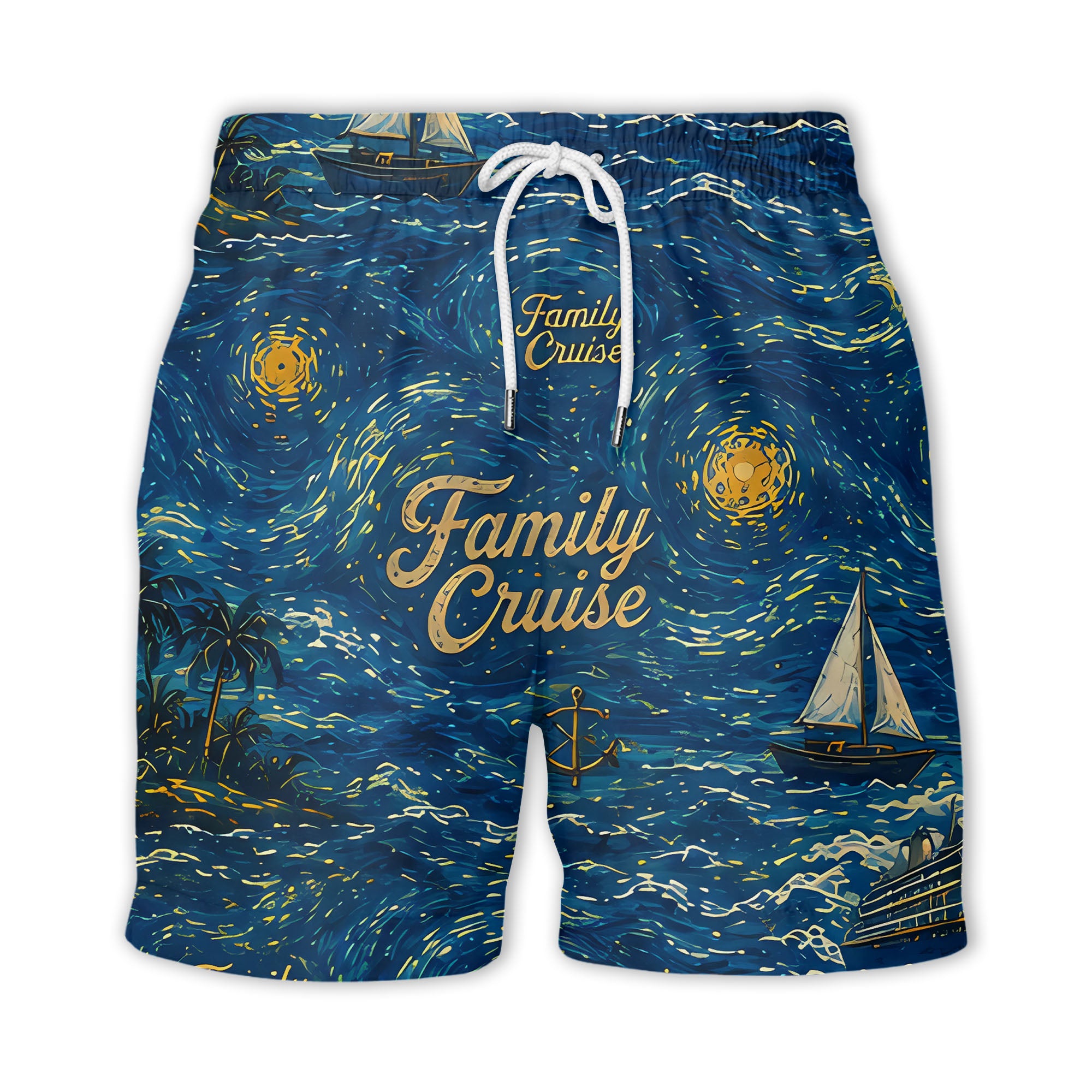 starry night sailboats & cruise ships palm tree hawaiian shirt