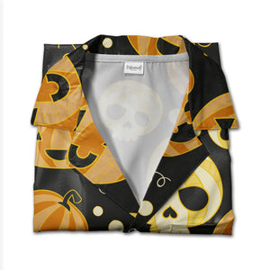 Striped Jack-o-Lantern and Skull Hawaiian Shirt on Charcoal