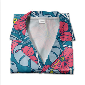 Teal Blue Playful Hibiscus Hawaiian Shirt with Coral Pink and Yellow Blooms