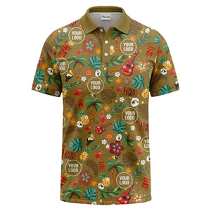 tiki masks palm trees ukuleles watercolor print polo shirt for men