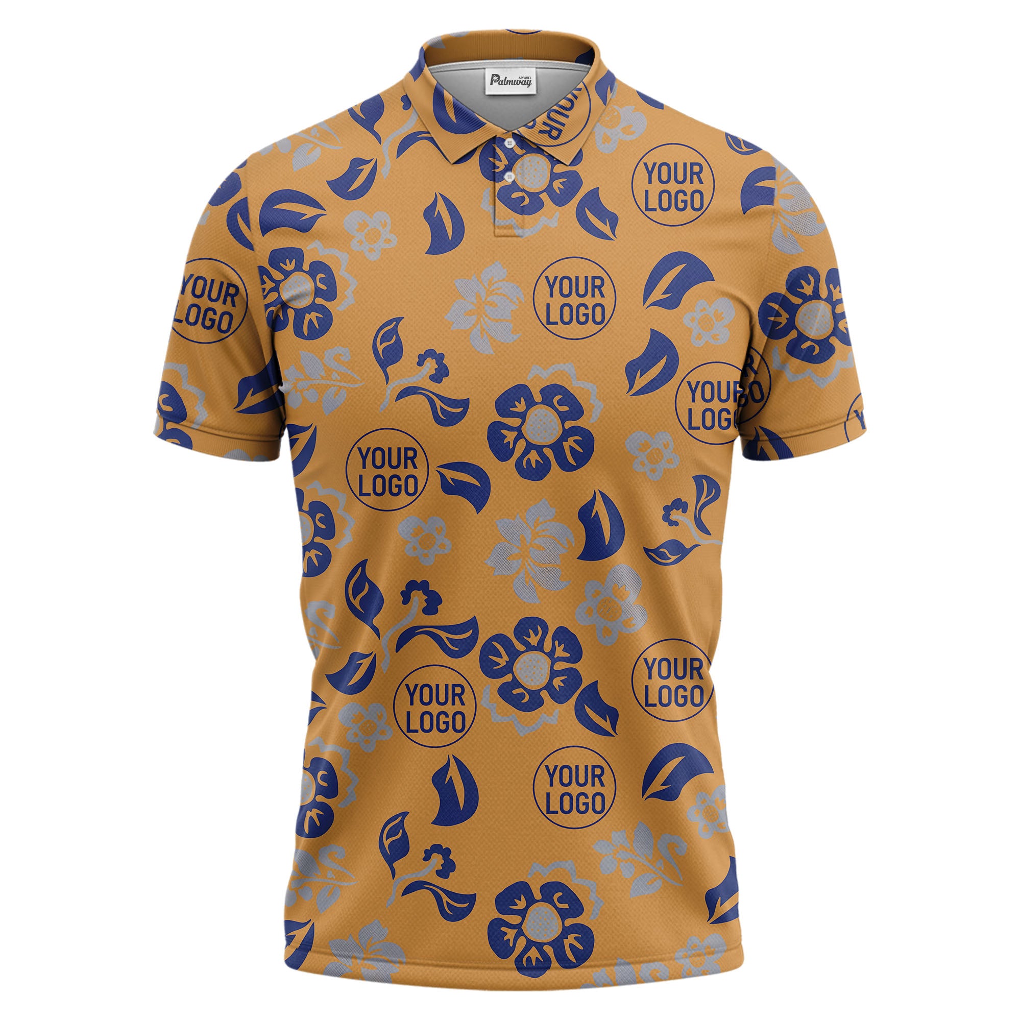 tropical blue floral logo repeating leaves polo shirt for men