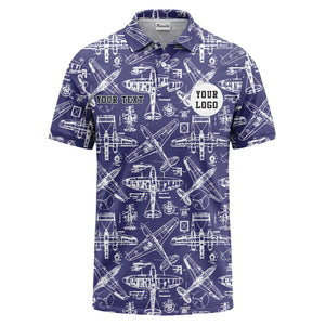 vintage airplane blueprint sketches propeller wings polo shirt for men
