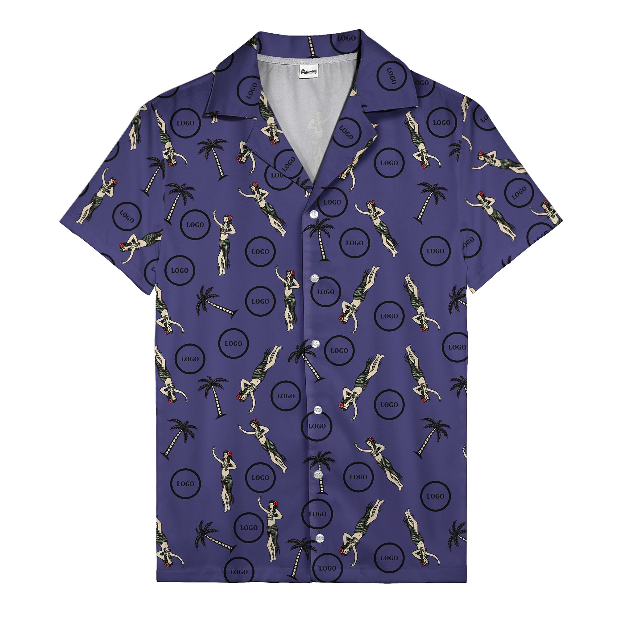 vintage hula dancers palm trees circular logo black hawaiian shirt for men