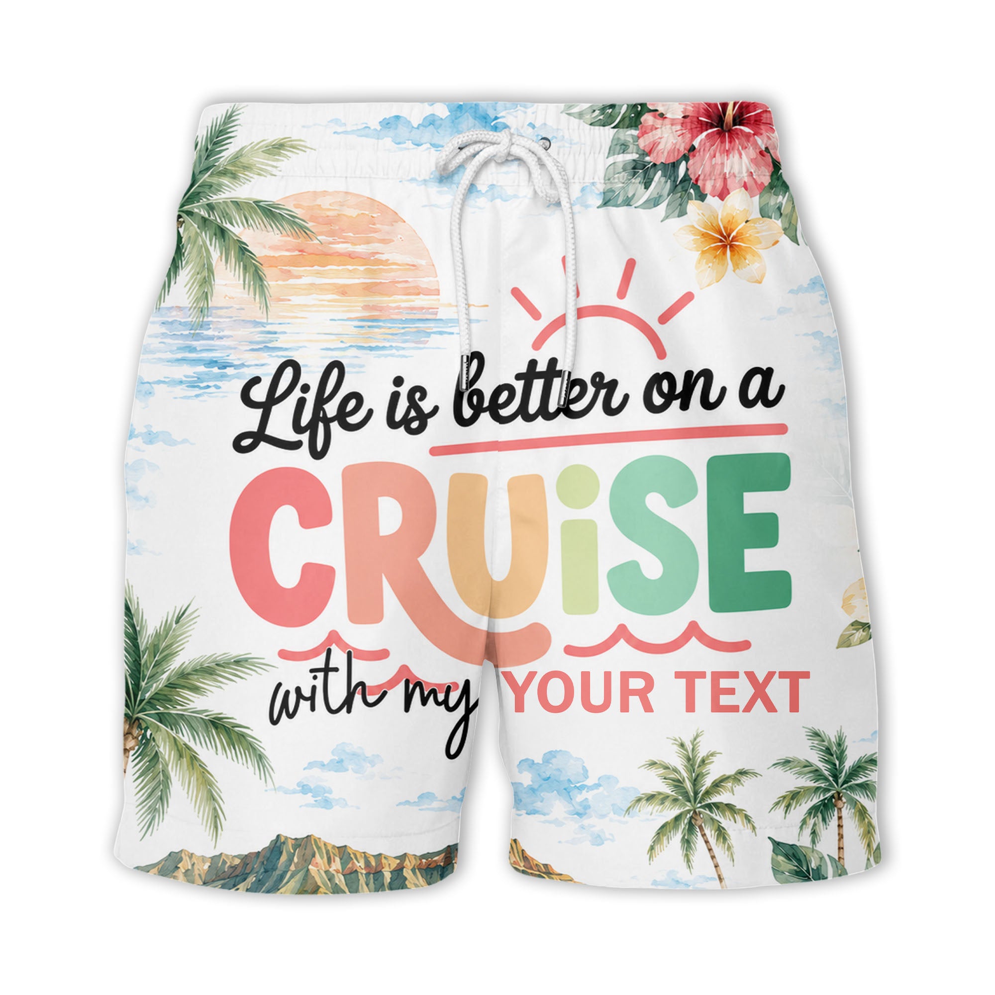 watercolor cruise sunset palm trees hibiscus flowers hawaiian shirt
