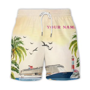 watercolor flamingo cruise ship lighthouse beach scene hawaiian shirt