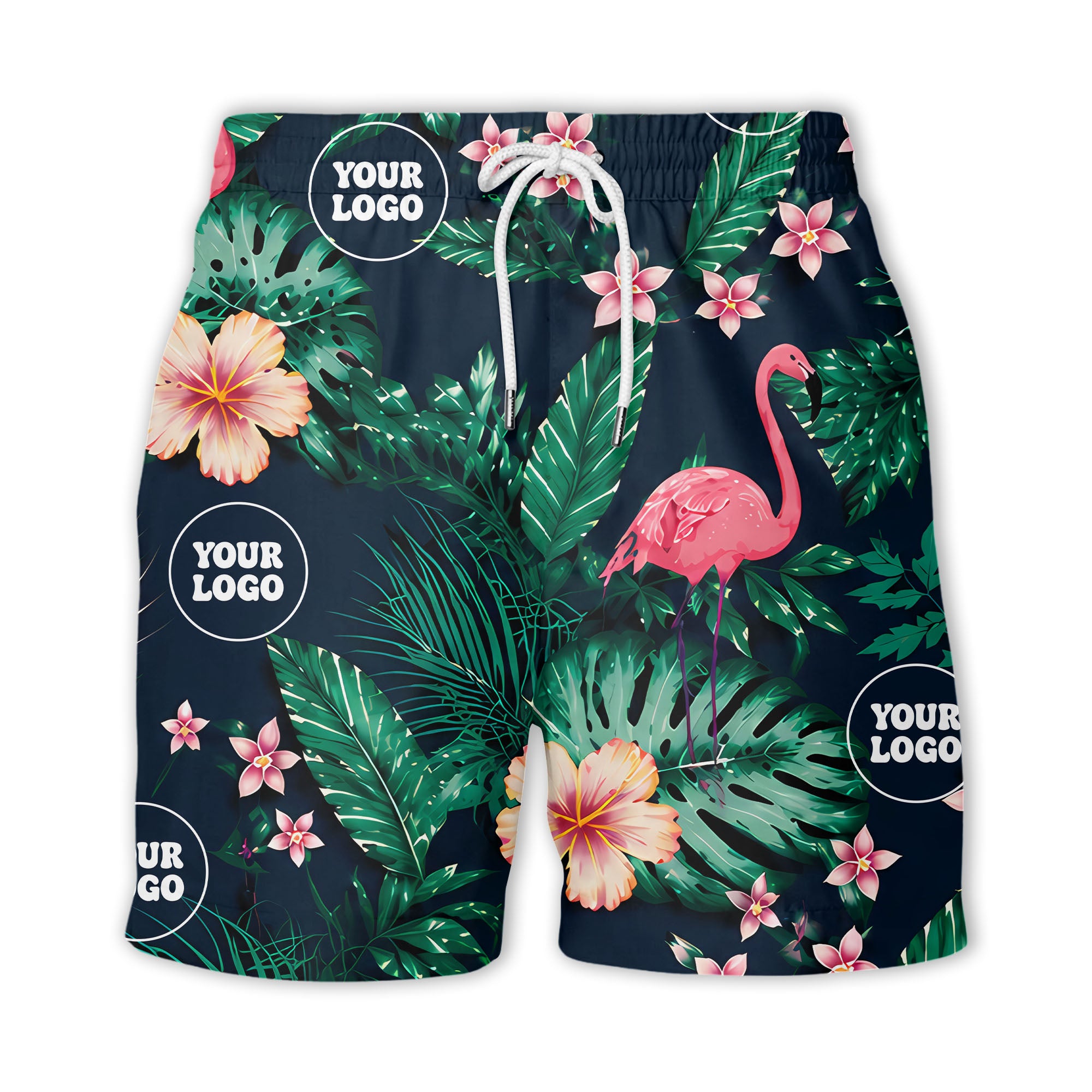watercolor flamingos among palm leaves & hibiscus navy hawaiian shirt