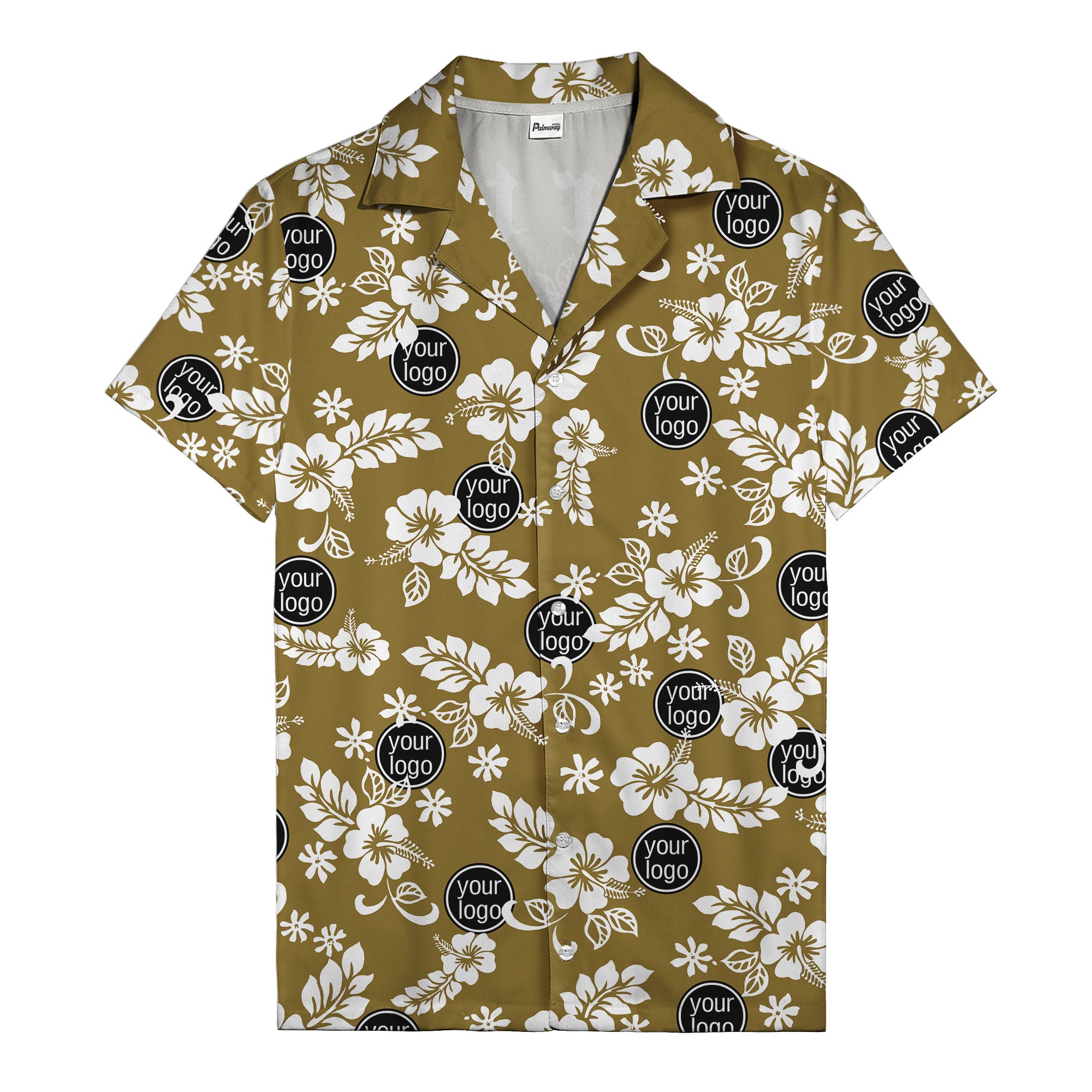 watercolor hibiscus blooms & custom logo navy blue hawaiian shirt