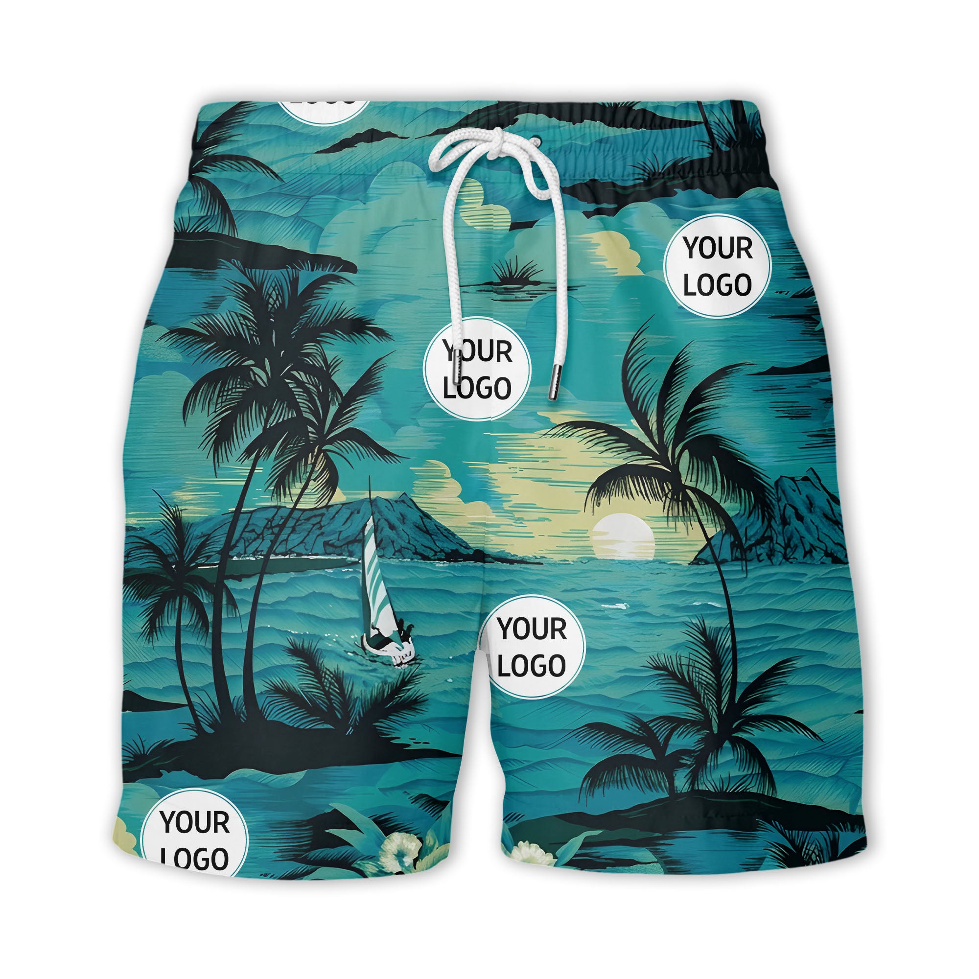 watercolor palm tree sunset sailboat hawaiian shirt